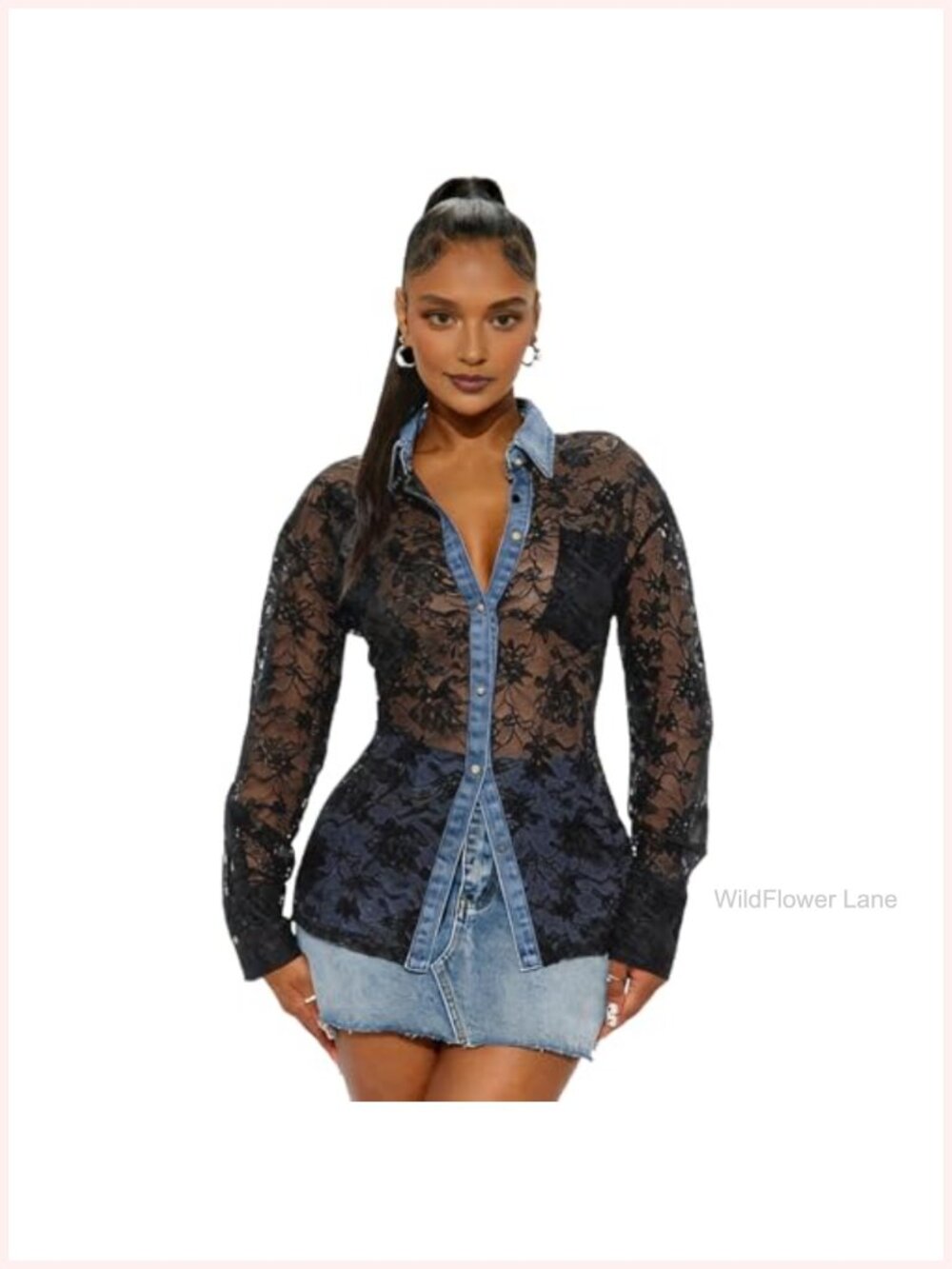 Women's Denim Patchwork Lace Button-Down Shirt Long Sleeve Blouse